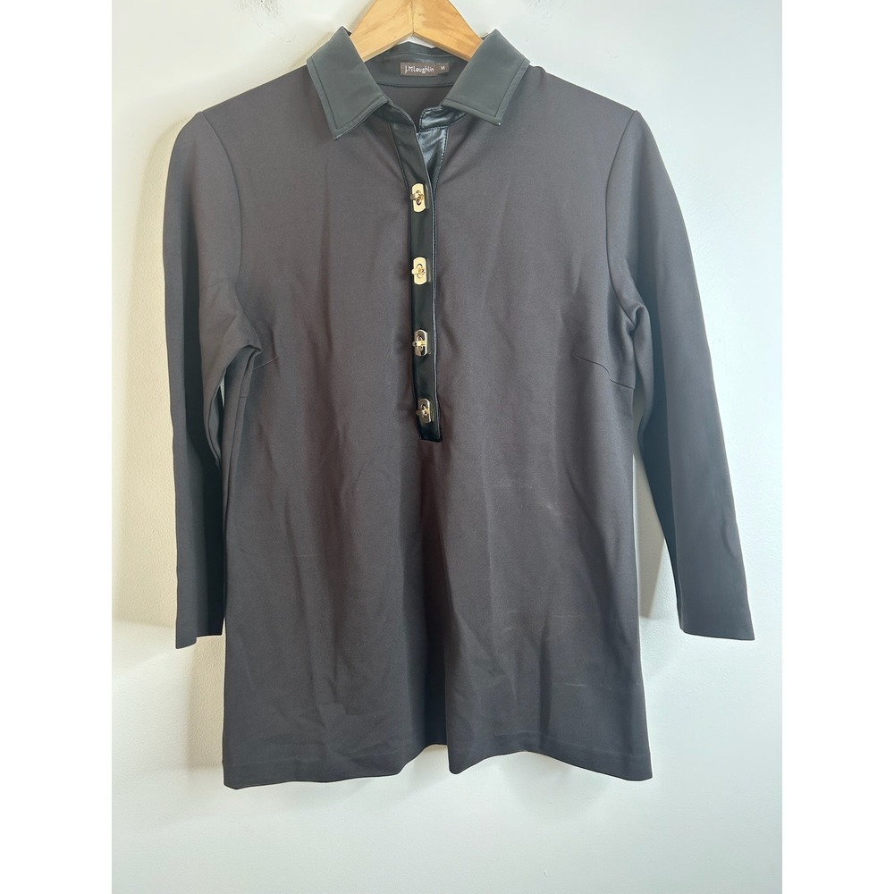 J McLaughlin Nadine Top Sz M Brown Faux Leather Collar Contemporary Stretch